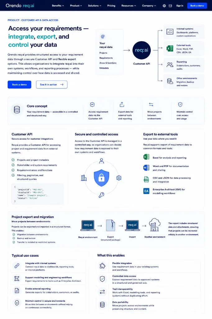 Skärmdump av integrationer, API och export i Qrendo req:ai